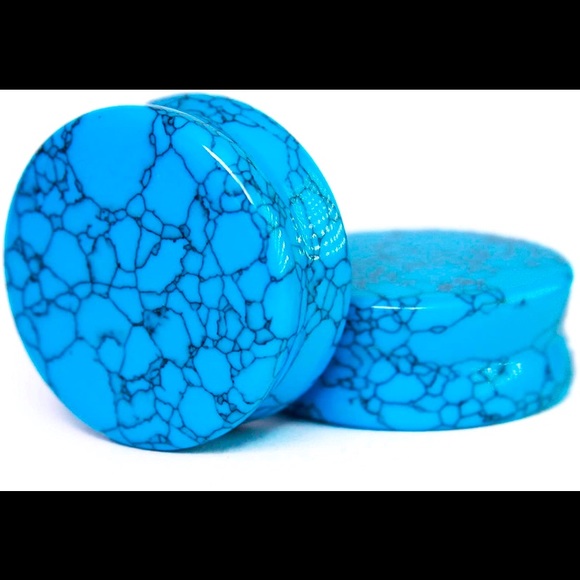 Blue Turquoise ear gauges stone plugs gemstone studs saddle flared (pair) - Picture 1 of 2